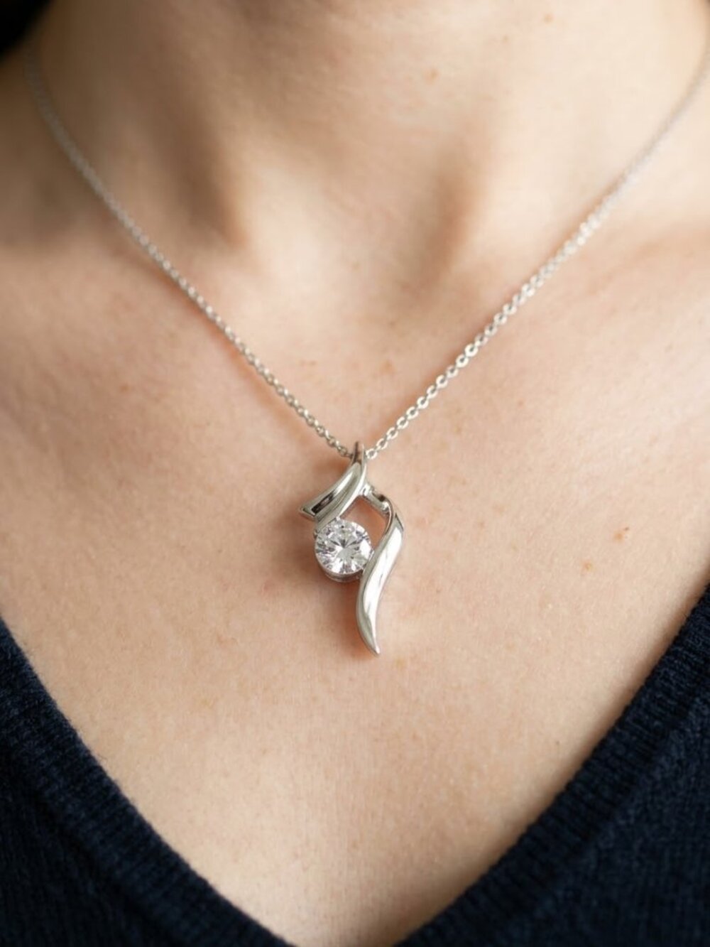 Elegant Silver Tone Wave Pendant Clear Rhinestone Solitaire Accent Necklace